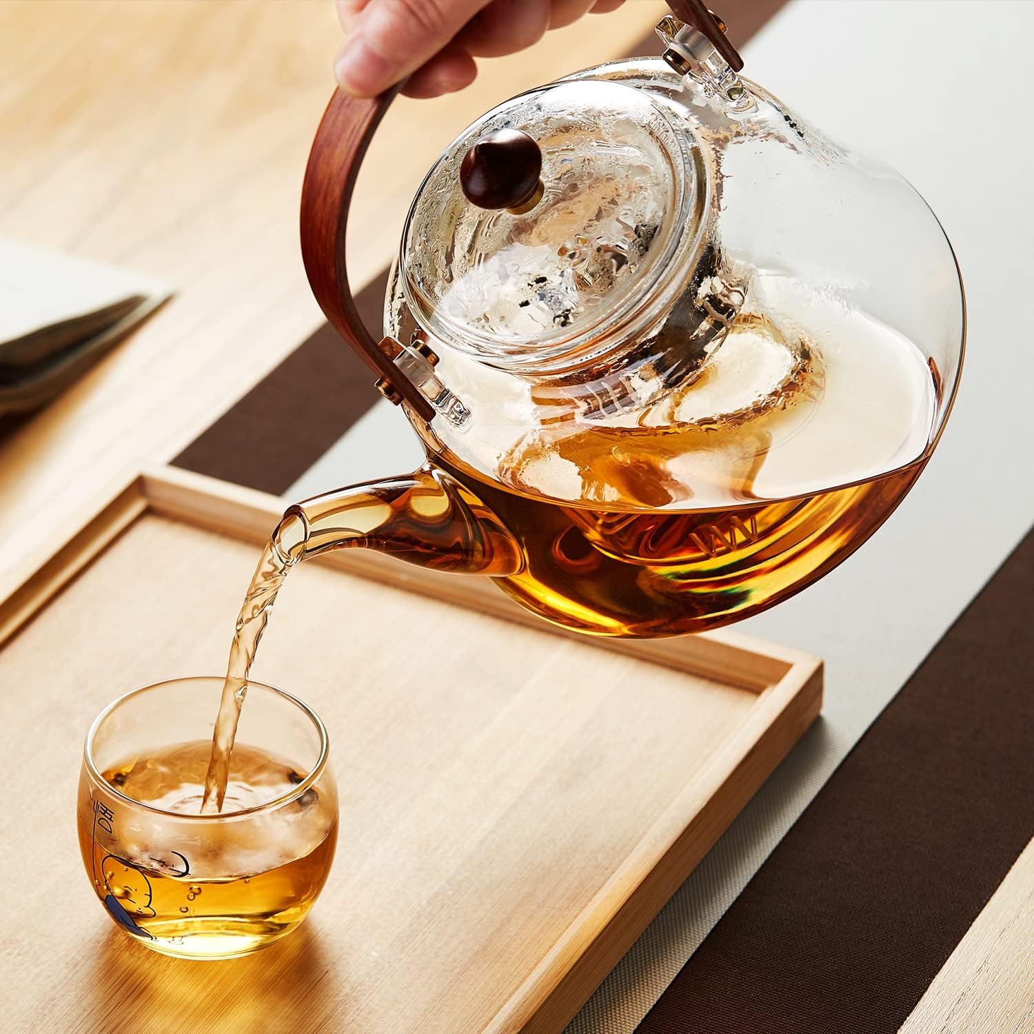 40oz Glass Teapot with Anti-Drip Spout, Peach Wood Handle and Lid, Heat-Resistant Borosilicate Glass, Dual Infusers for Steaming and Boiling