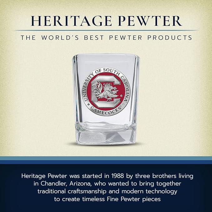 Heritage Pewter University of South Carolina Square Shot Glass | Hand-Sculpted 1.5 Ounce Shot Glass | Intricately Crafted Metal Pewter Alma Mater Inlay