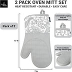 Delaney Silicone Oven Mitts Set - Extra Long, Heat Resistant Kitchen Gloves, Non-Slip Holders for BBQ, Baking, Cooking Essentials, Grey Toile, Kitchen Decor, Oven Gloves, New Home Gifts