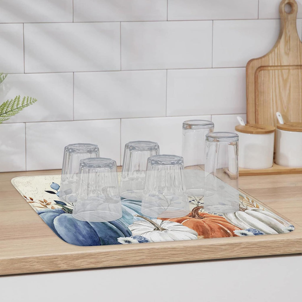 Fall Dish Drying Mat for Kitchen Counter Blue Pumpkin Drying Pad Absorbent Drying Mats for Countertops Sinks Draining Racks Floral Leaves Drainer Holiday Harvest Thanksgiving Decorations 18x24