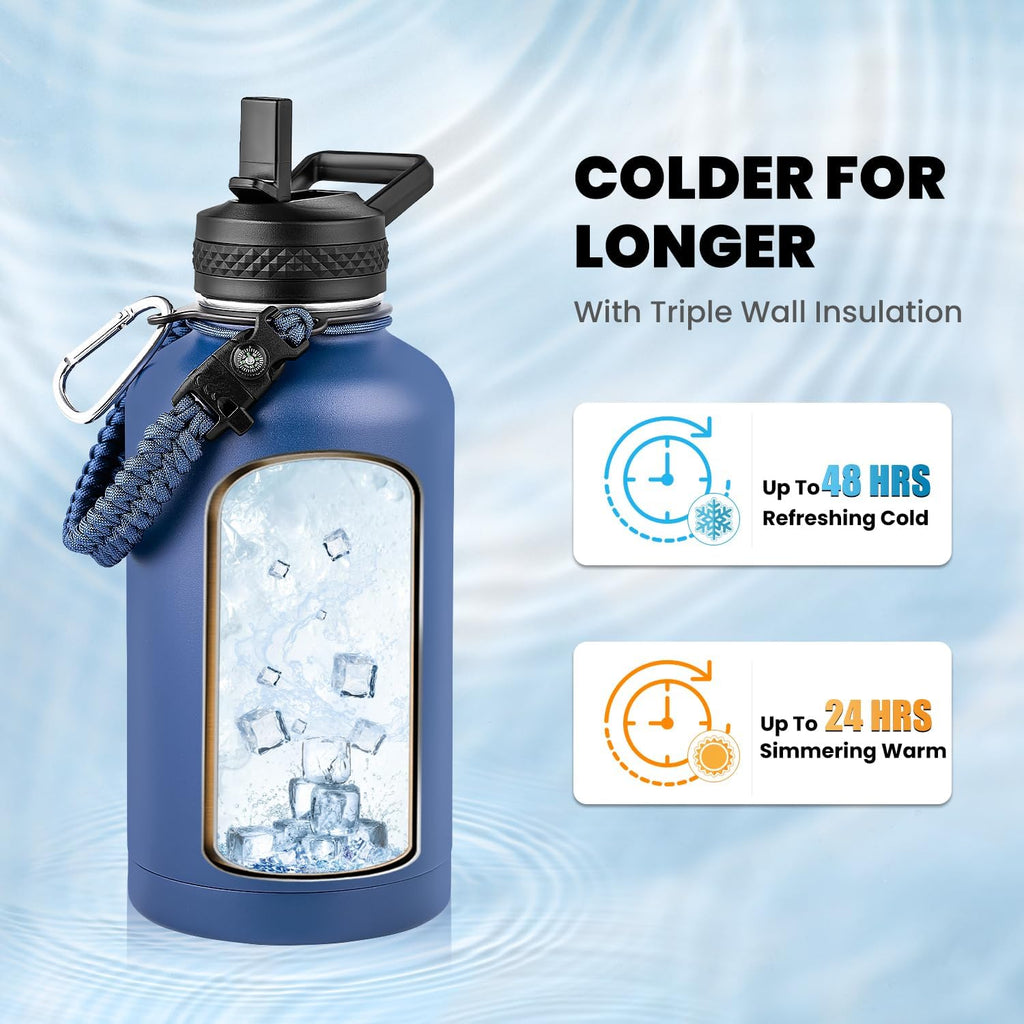 Insulated Water Bottle 64 oz, Triple Wall Vacuum Stainless Steel (Cold for 48 Hrs), Leak Proof & Non-BPA, Half Gallon Water Flask Jug with Paracord Handle & Straw Spout Lids, Navy Blue