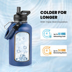 Insulated Water Bottle 64 oz, Triple Wall Vacuum Stainless Steel (Cold for 48 Hrs), Leak Proof & Non-BPA, Half Gallon Water Flask Jug with Paracord Handle & Straw Spout Lids, Navy Blue