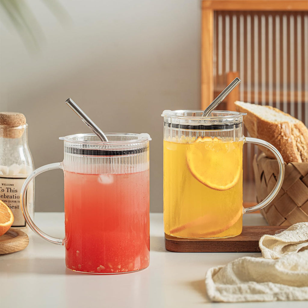 KEMORELA Large Ribbed Glass Tumbler with Handle & Lid, 2‑Pack 1000 ml / 34 oz Glass Cups with Reusable Straw – Thickened Ribbed Glass Mug for Iced Coffee, Juice, Smoothie & Cold Drinks