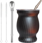 Beruth Bombilla Yerba Mate Gourd, 8oz Stainless Steel Tea Cup Set with a Multifunctional Lid, Two Straws and Cleaning Brushes, Double Walled Coffee Mug Heat Insulation Anti Scalding (Water Ripples)