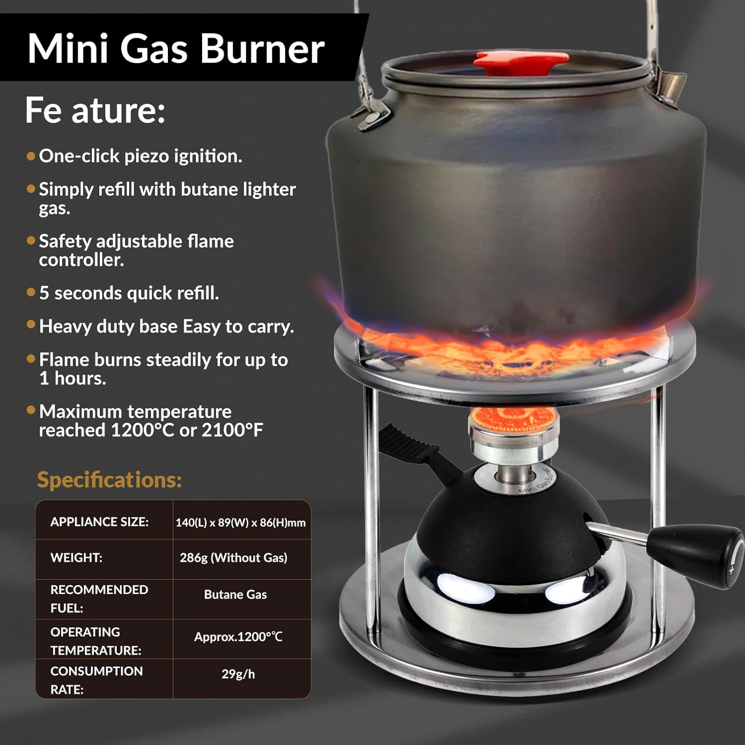 BLUEFIRE Butane Mini Burner for Tabletop Coffee Siphon Syphon/w Furnace Stand and Assembly Rack Ceramic Windproof Torch Head Portable Cooking Stove Espresso Maker Chafing Soup Tureens Fondue Bunsen