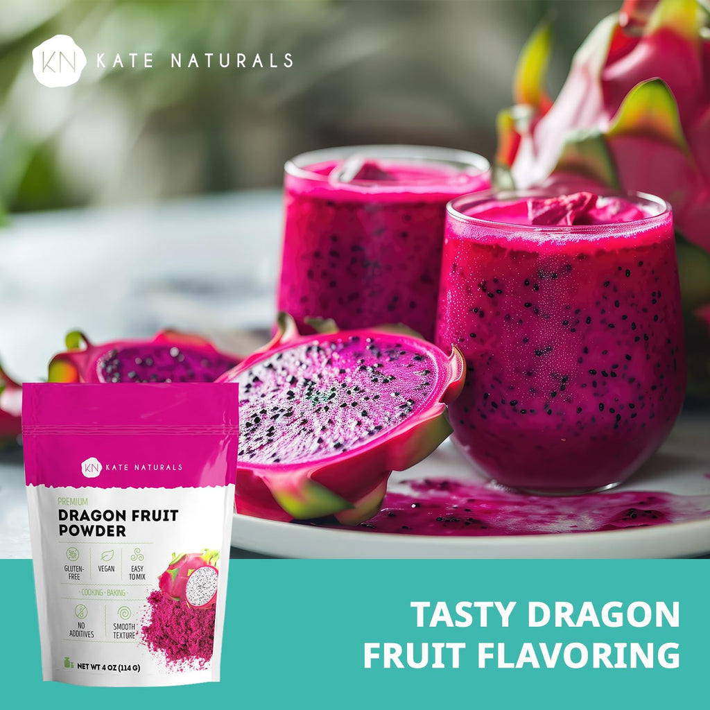 Kate Naturals Dragon Fruit Powder for Baking & Drinks (4oz). Vegan, Gluten Free Dried Pink Pitaya Powder for Dragonfruit Syrup, Smoothies & Food Coloring