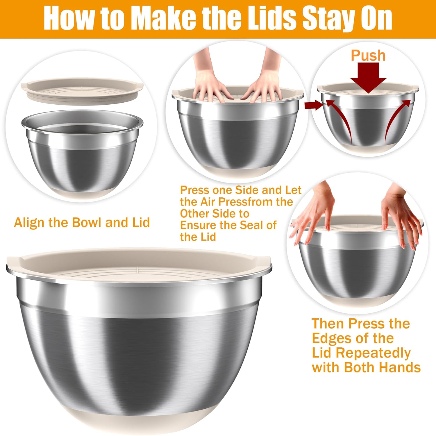 Mixing Bowls with Airtight Lids Set, 4 Stainless Steel Bowls Nesting Bowls & Colander, Kitchen Organizers and Storage Non-Slip Bottom, Size 1.5/2.0/2.5/4.5QT, Great for Mixing & Serving, Khaki