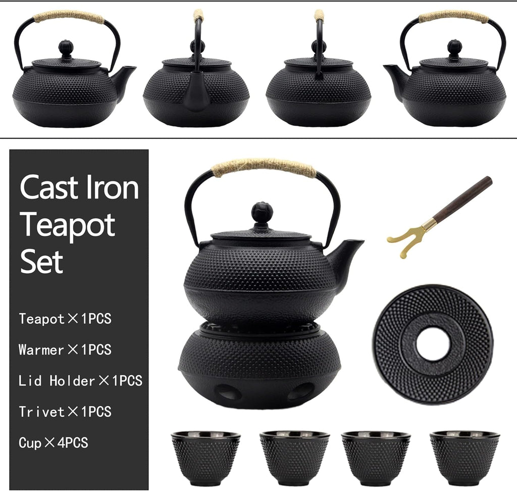 YJX Cast Iron Teapot Set with Cast Iron Warmer, Japanese Tetsubin Tea Kettle Set with Cups,Cast Iron Teapot with Stainless Steel Infuser and Enameled Interior(600ml Teapot Set Combination 1), Black