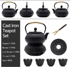 YJX Cast Iron Teapot Set with Cast Iron Warmer, Japanese Tetsubin Tea Kettle Set with Cups,Cast Iron Teapot with Stainless Steel Infuser and Enameled Interior(600ml Teapot Set Combination 1), Black