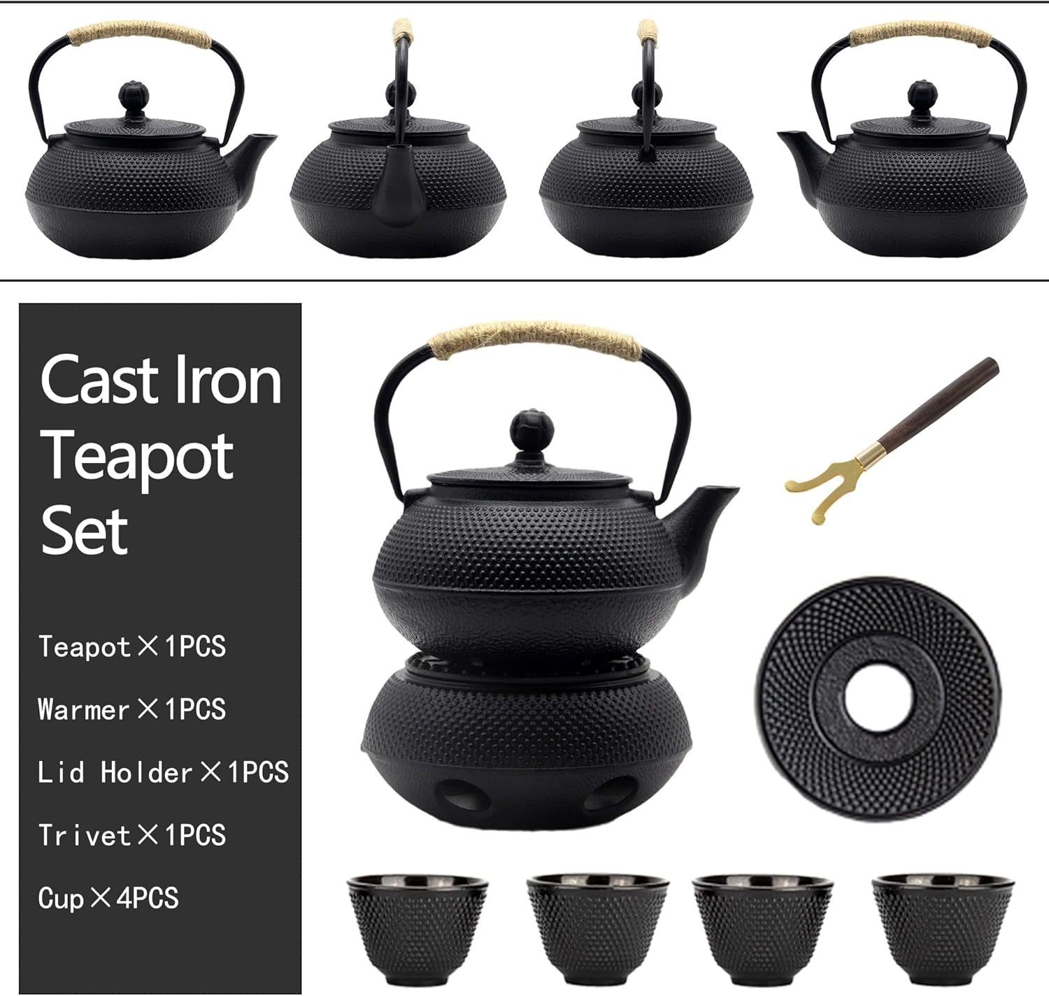 YJX Cast Iron Teapot Set with Cast Iron Warmer, Japanese Tetsubin Tea Kettle Set with Cups,Cast Iron Teapot with Stainless Steel Infuser and Enameled Interior(600ml Teapot Set Combination 1), Black