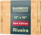 Riveira Cutting Boards For Kitchen – Gourmet Bamboo Grandeur: 12 x 10 Wood Cutting Board – Natural Bamboo Cutting Board – Innovative Juice Grooves Wooden Cutting Boards For Kitchen