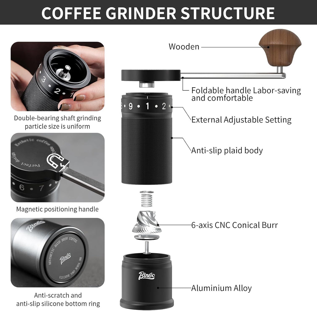 Bincoo Foldable Manual Coffee Grinder with External Adjustable Setting,Coffee Bean Grinder with Portable Storage Bag,Stainless Steel Burr Grinder Suitable for Home, Office and Travel for Use (Black)