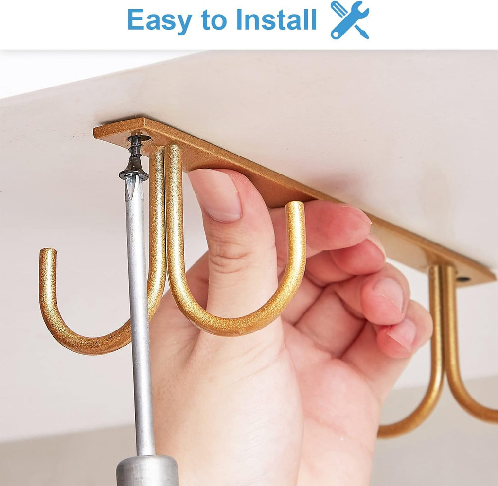 Mug Rack Under Cabinet - Coffee Cup Holder, 12 Mugs Hooks Under Shelf, Display Hanging Cups Drying Hook for Bar Kitchen Utensils Gold