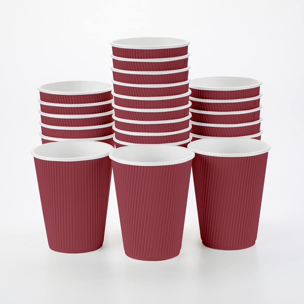 Restaurantware 12 Ounce Ripple Wall Disposable Coffee Cups, 500 Insulated Crimson Paper Tumblers with Rolled Rim Design, Lids Sold Separately for Hot Drinks like Tea, Hot Chocolate and More