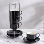 8 Ounce Porcelain Cappuccino Cups with Saucers and Silver Stand, Black Cups Set of 4