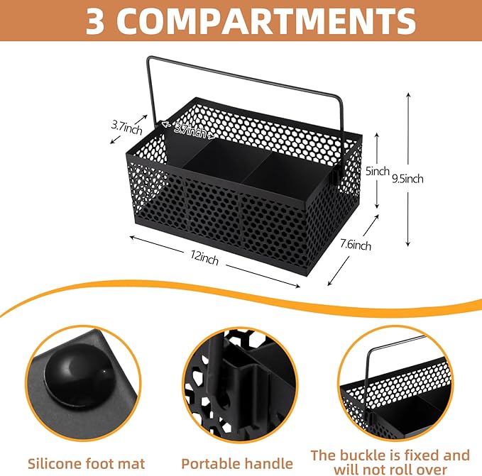 Utensil Caddy With Handle - Silverware and Napkin Holder for Party, Picnic, Countertop, Camping - Metal Cutlery Organizer in Black