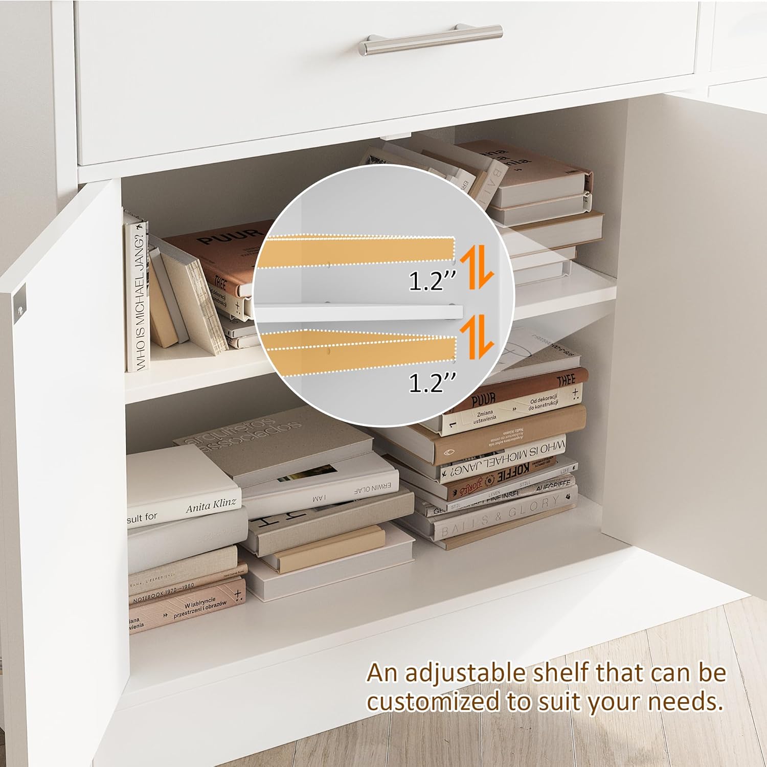 Vongrasig Buffet Cabinet with Drawers, 43” Coffee Bar Cabinet Farmhouse Kitchen Buffet Storage Cabinet with 3 Doors, Wood Buffet Table for Kitchen Living Room,White