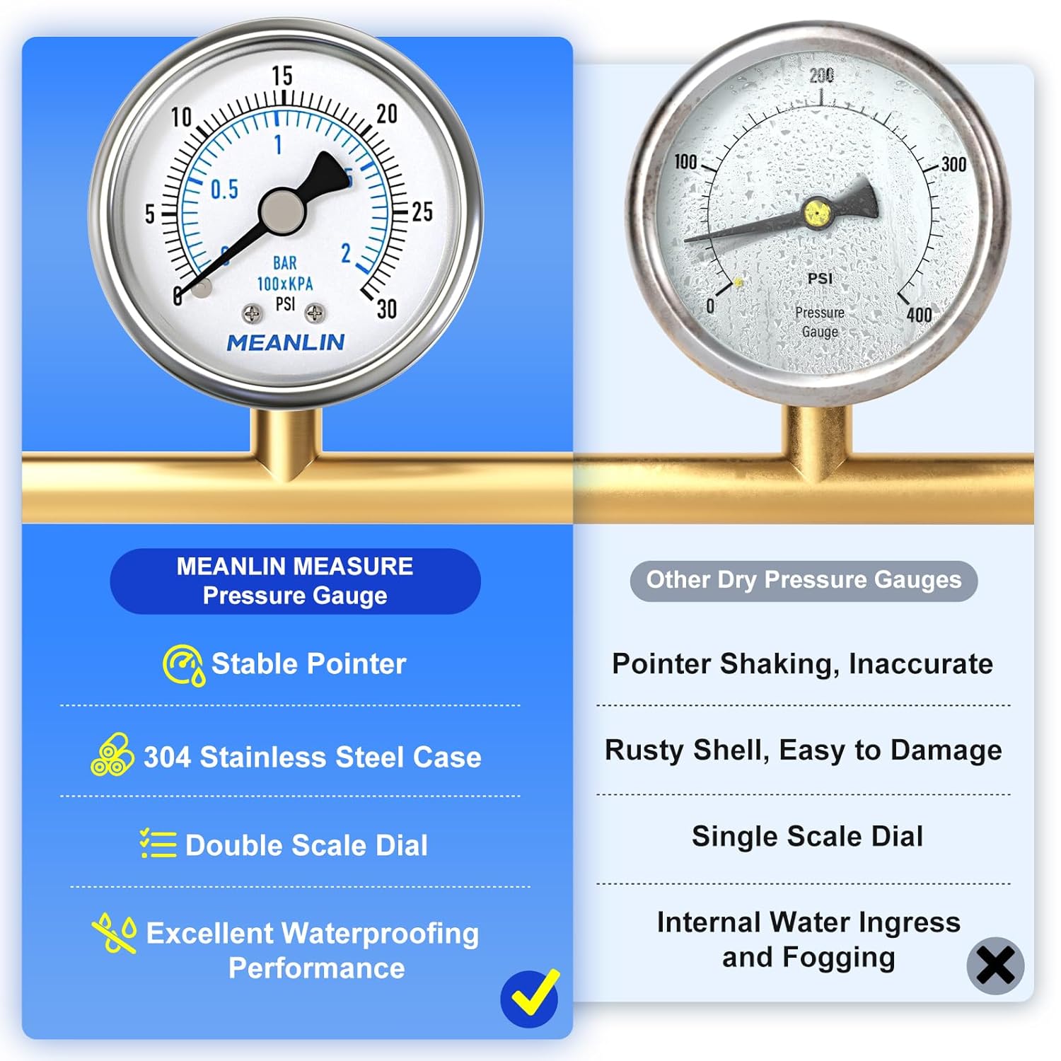 MEANLIN MEASURE 0~30Psi Dry Low Pressure Gauge Stainless Steel 1/8" NPT 2" FACE DIAL Waterproof for Pool Sand Filter Water Oil Air Pressure Test Back Mount, with 1/4" NPT and 3/8" NPT Hex Bushing