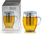 Creano Tea Glass with Stainless Steel Infuser and Glass Lid - 14oz (400ml)