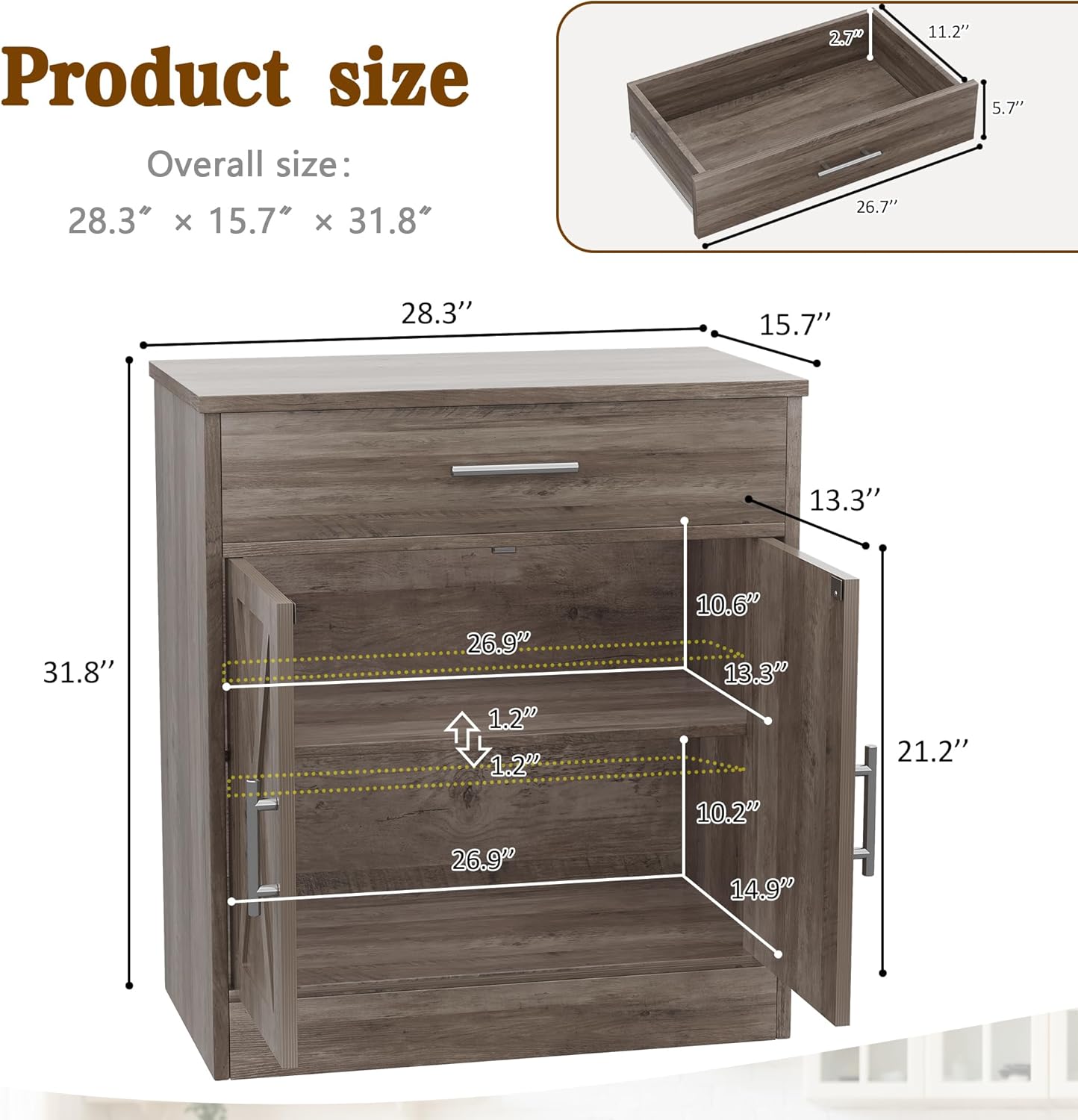 Vongrasig Sideboard Buffet with Storage, Modern Kitchen Storage Cabinet with 1 Drawer and 2 Doors, Wood Coffee Bar Buffet Table for Kitchen, Dining Room, Ash Grey
