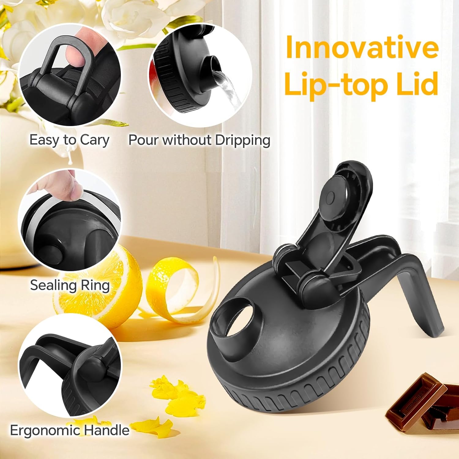 Mason Jar Pitcher, 32 OZ 2 Pack Glass Pitcher with Lid Double Leak-proof with Handle Water Jug Wide Mouth Breast Milk Pitcher Fridge Container for Water, Juice, Iced Coffee, Tea, Juice - Black+Grey