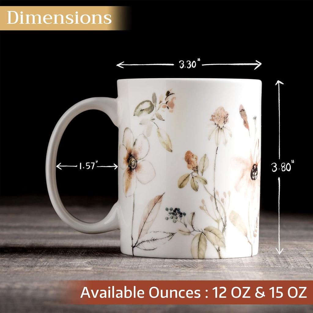 Maison d' Hermine Coffee Mug with Handles Fine Bone China Mugs Pack of One Tea Cups for Hot Beverages Cappuccino Latte Home Office Perfect for Gift (Ice Florals - Romantic Morning, 15 Ounce)