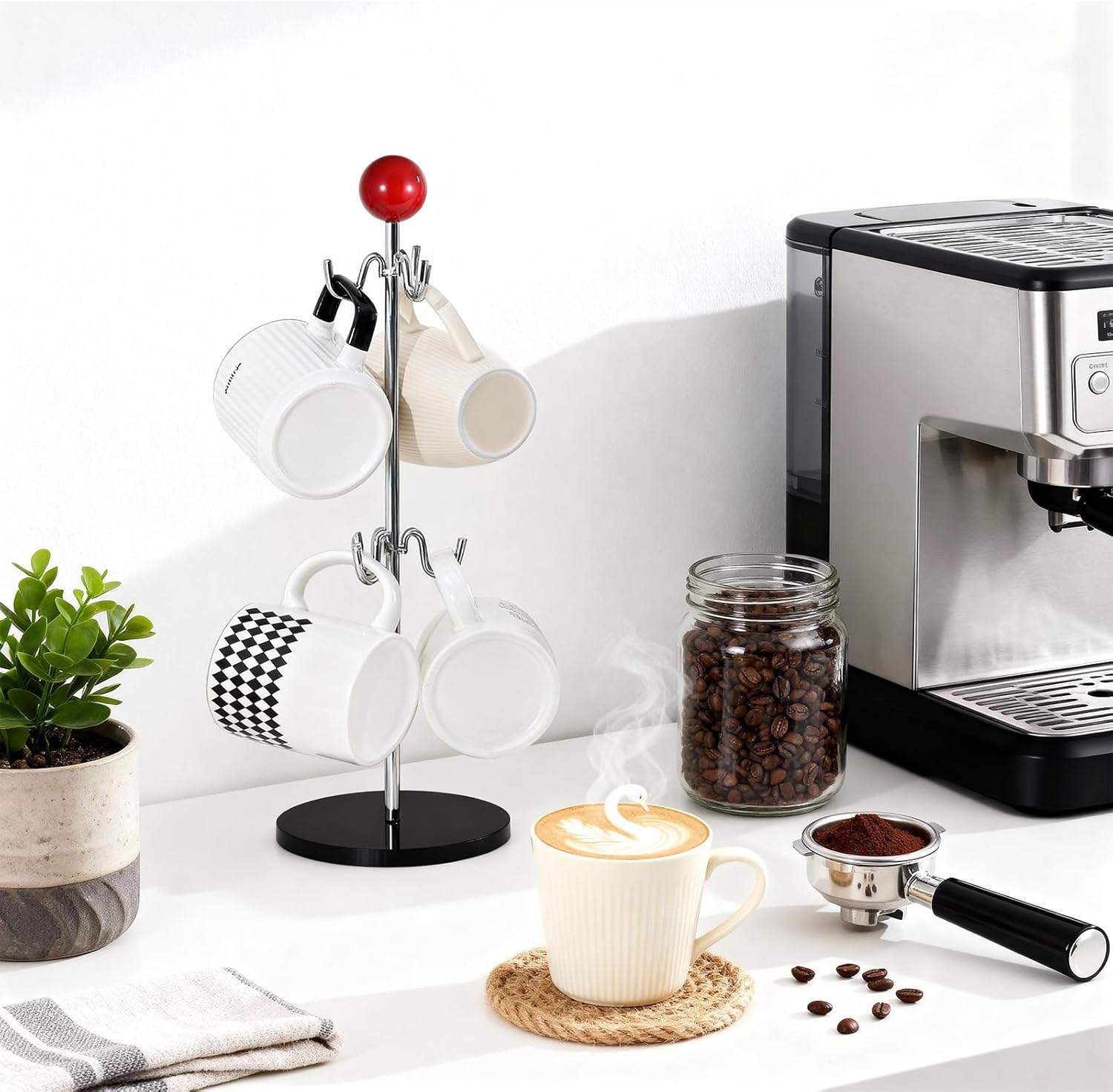 Mug Holder,6 Hooks Coffee Mug Tree for Counter,No Assembly Metal Cup Holder with Stable Acrylic Base,Mug Rack for Coffee Bar Accessories,Red