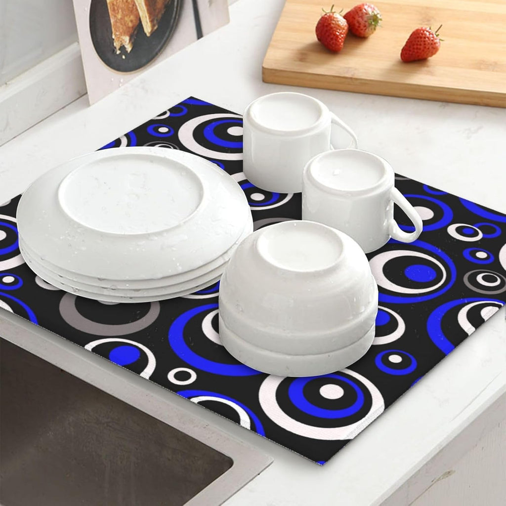 Blue Black White Geometric Circle Dish Drying Mat for Kitchen Counter, 16" x 18" Absorbent Microfiber Drying Pad for Dishes, Modern Decor Kitchen Mat, Foldable, for Sink, Dining Area, Small Appliances