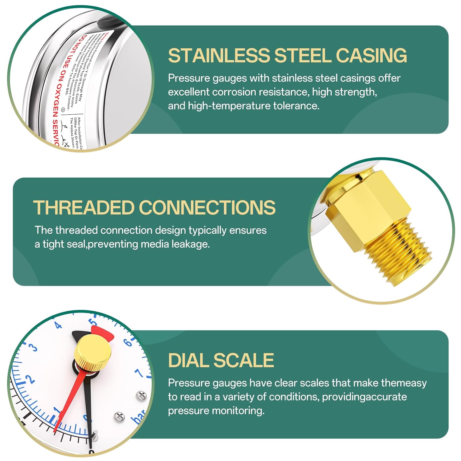 0-100PSI Stainless Steel with Reset Pointer Liquid Filled Pressure Gauge, 2.5" Dial Size, 1/4" NPT Lower Mount, for Tube, Water Pump, Gas, Liquid, Pressure Test