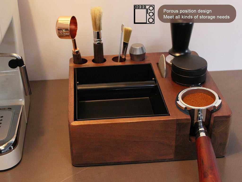 Espresso tamping station knock box,tamper station,Espresso station fit for storage 51-58mm tamper,distributor,portafilter,puck screen accessories,9 in 1 espresso knock box and tamper station