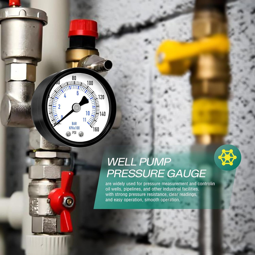 0-160psi Well Pump Pressure Gauge 1/4" NPT 2" Face Dial Size Back Mount, Multifunctional Practical Dry Pressure Gauge, for Water, Oil and Air Compressor