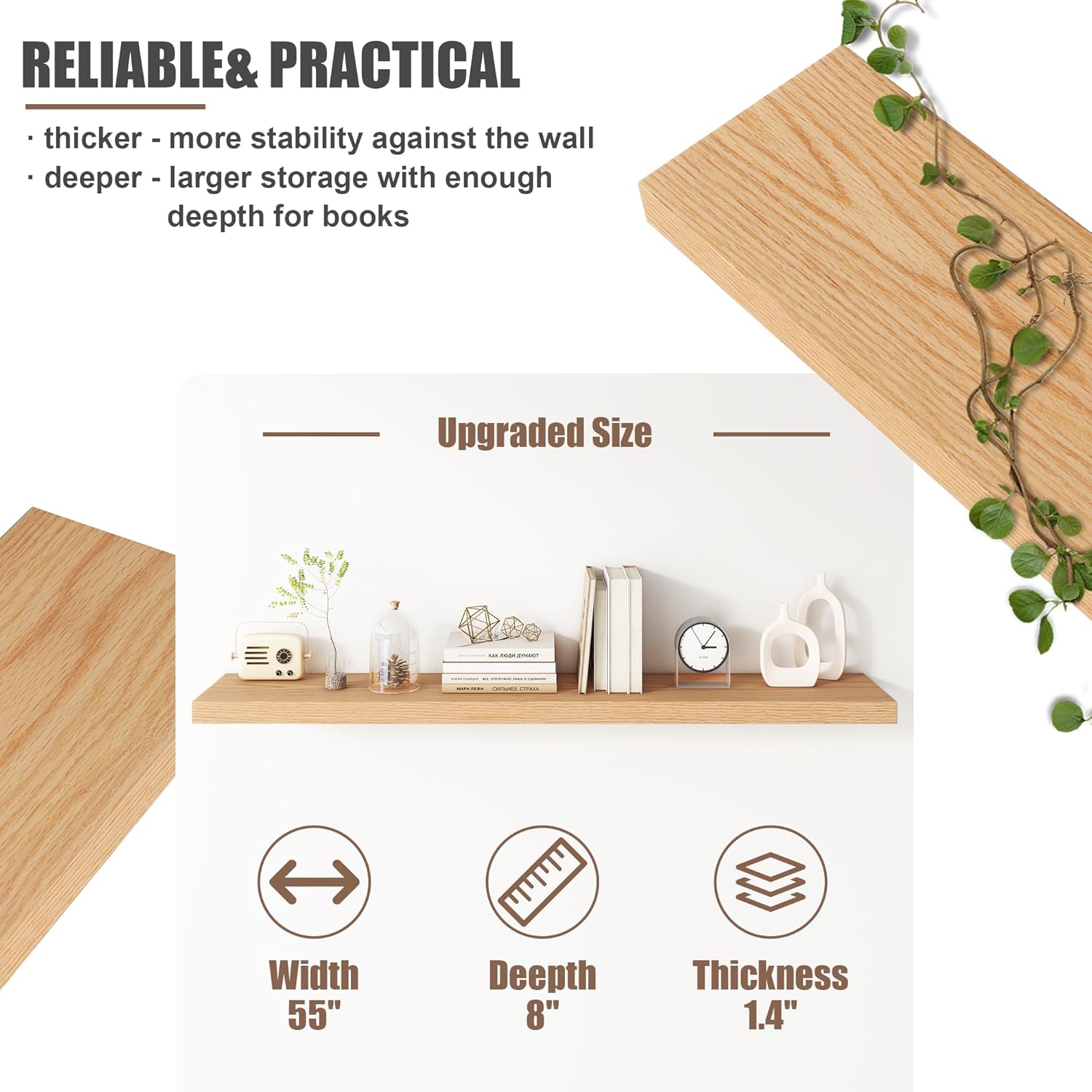 Floating Shelves for Wall, USA-Sourced Oak Wood 55 Inch Long Wall Shelves, Natural Wooden Wall Mounted Picture Ledge Shelf, Nursery Book Storage Shelf Kids Bookshelf, Display Shelf for Bathroom