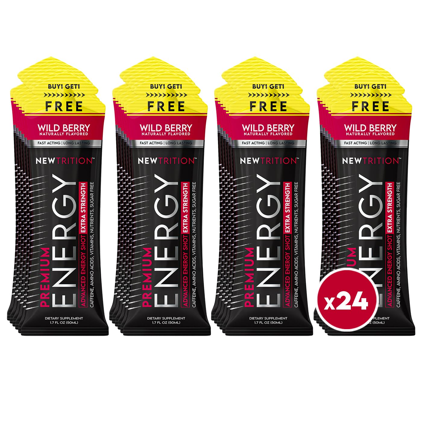 NewTrition® Extra Strength Energy Shots, 250mg Caffeine Energy Shots with Vitamin B & Amino Acids, Sugar-Free Vitamin Energy Shot, 1.7 fl oz (Pack of 24, Wild Berry)