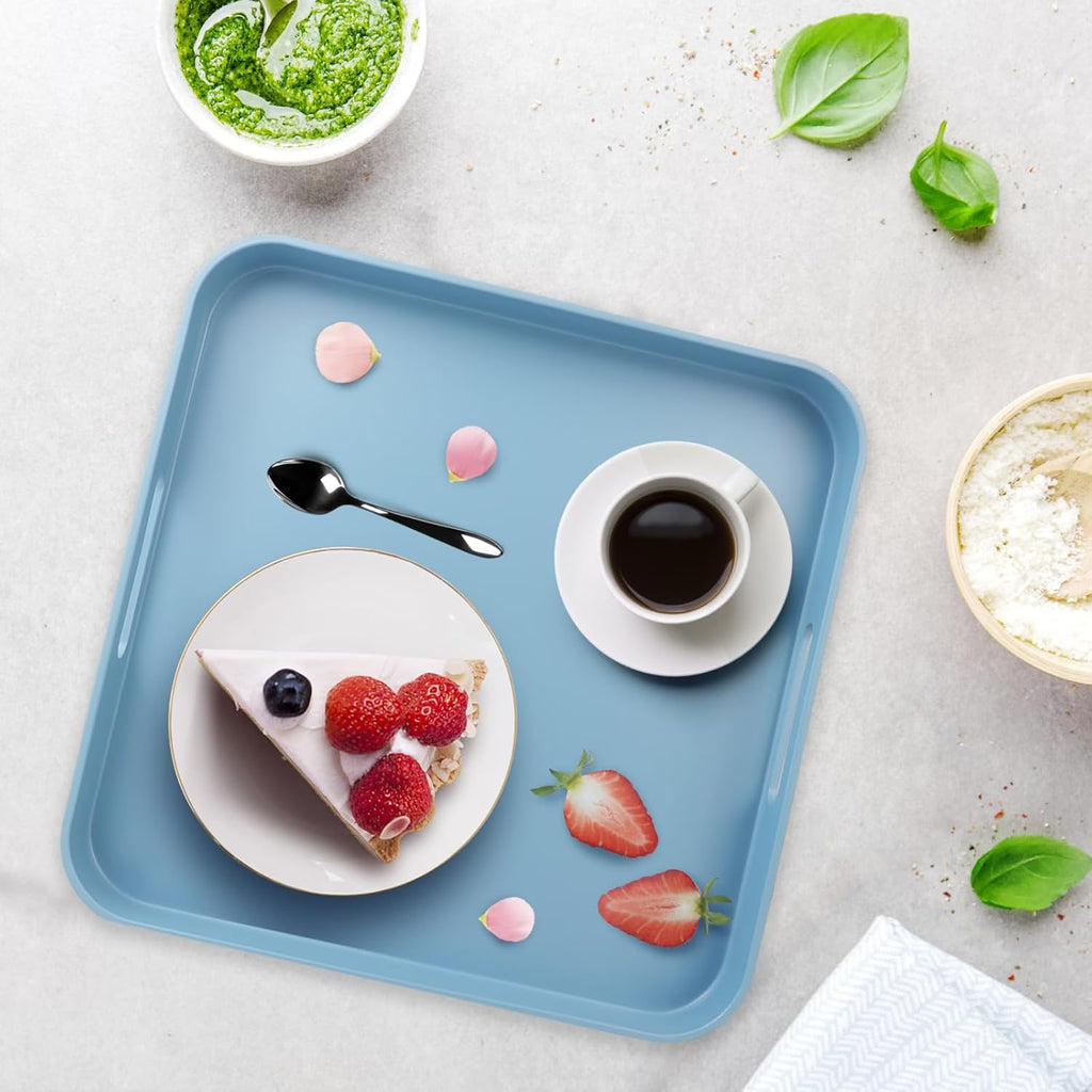 Square Blue Decorative Serving Tray with Handles, Versatile Ottoman Tray for Coffee Table, Entertaining, Outdoor Patio, Living Room, 13”*13”*1.6”