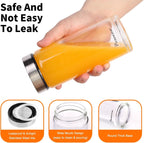 16oz Glass Juice & Water Bottles 4-Pack with Lids- Wide Mouth Reusable Borosilicate Glass- for Juicing, Smoothies, Protein Shakes, Blender & Shaker Bottle- Refillable & Dishwasher Safe(16 oz/500ml)