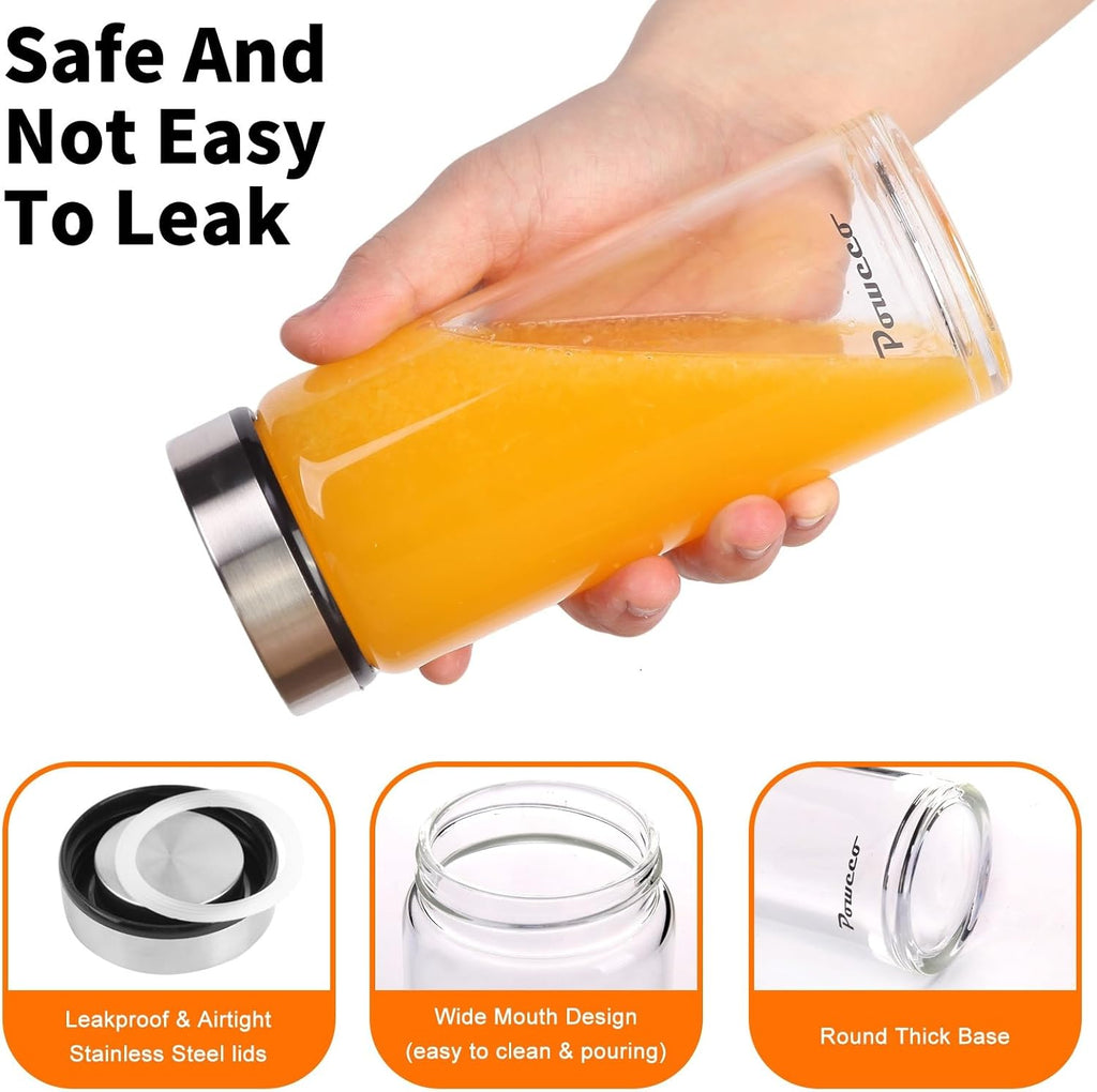 16oz Glass Juice & Water Bottles 6-Pack with Lids- Wide Mouth Reusable Borosilicate Glass- for Juicing, Smoothies, Protein Shakes, Blender & Shaker Bottle- Refillable & Dishwasher Safe(16 oz/500ml)