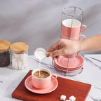 8 Ounce Porcelain Cappuccino Cups with Saucers and Silver Stand, Pink Cups Set of 4