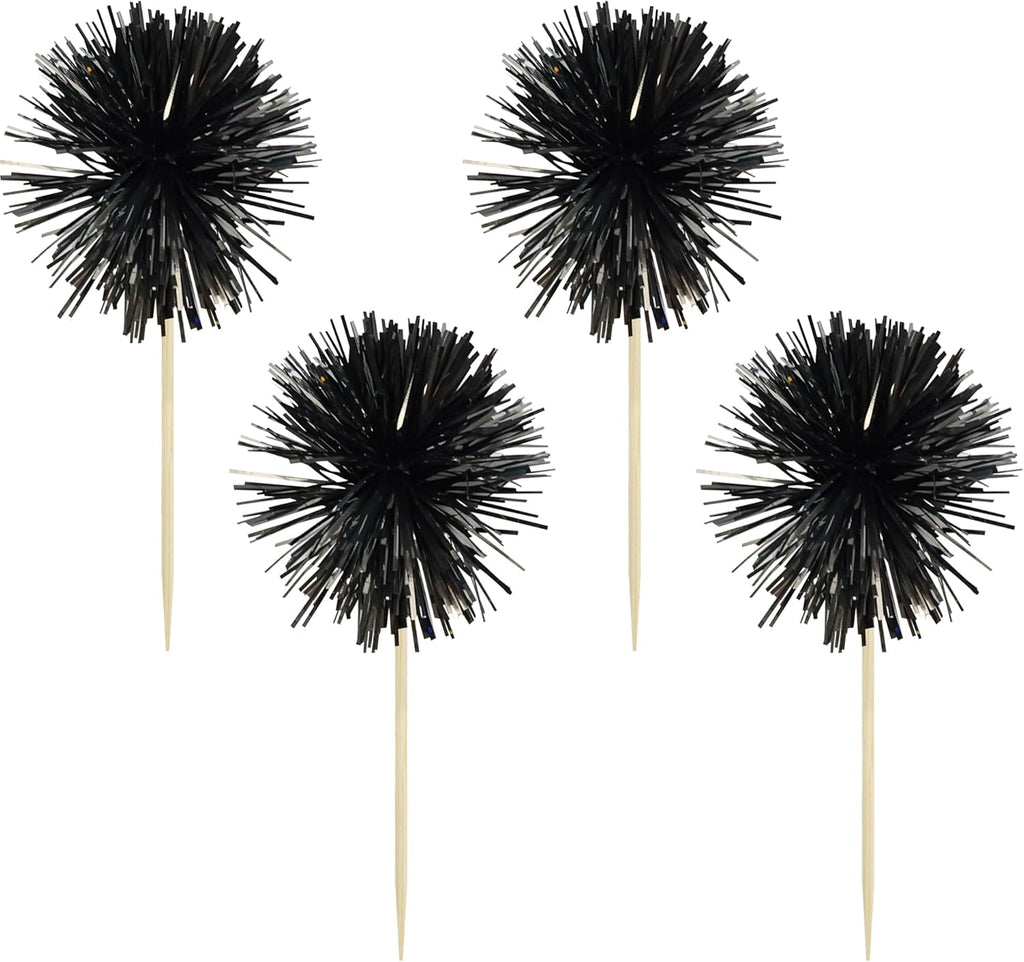 Gyufise 30Pcs Foil Firework Cupcake Toppers Sparkle Tinsel Cake Toppers Tinsel Drink Cake Decoration Cocktail Picks for Birthday Wedding Graduation Party Supplies Black