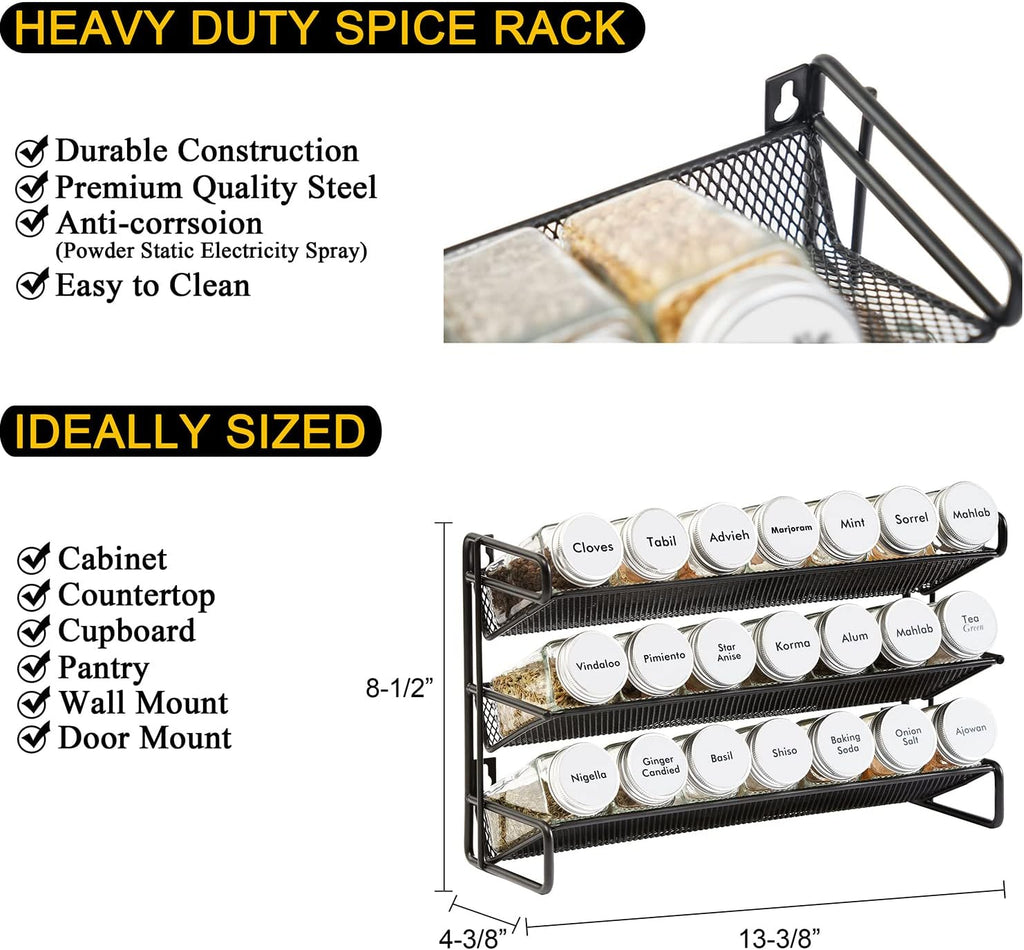 SpaceAid Spice Rack Organizer with 21 Spice Jars, 386 Spice Labels, Chalk Marker and Funnel Set for Cabinet, Countertop, Pantry, Cupboard or Door & Wall Mount - 21 Jars, 13.4" W × 9" H, White