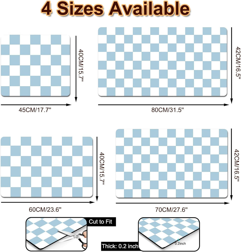 Dish Drying Mat for Kitchen, 15.7'' x 23.6'' Checkered Coffee Bar Mat for Countertops, Coffee Station Mat with Non-slip Rubber Backed, Absorbent Dish Dying Pat for Kitchen Counter, Blue & White