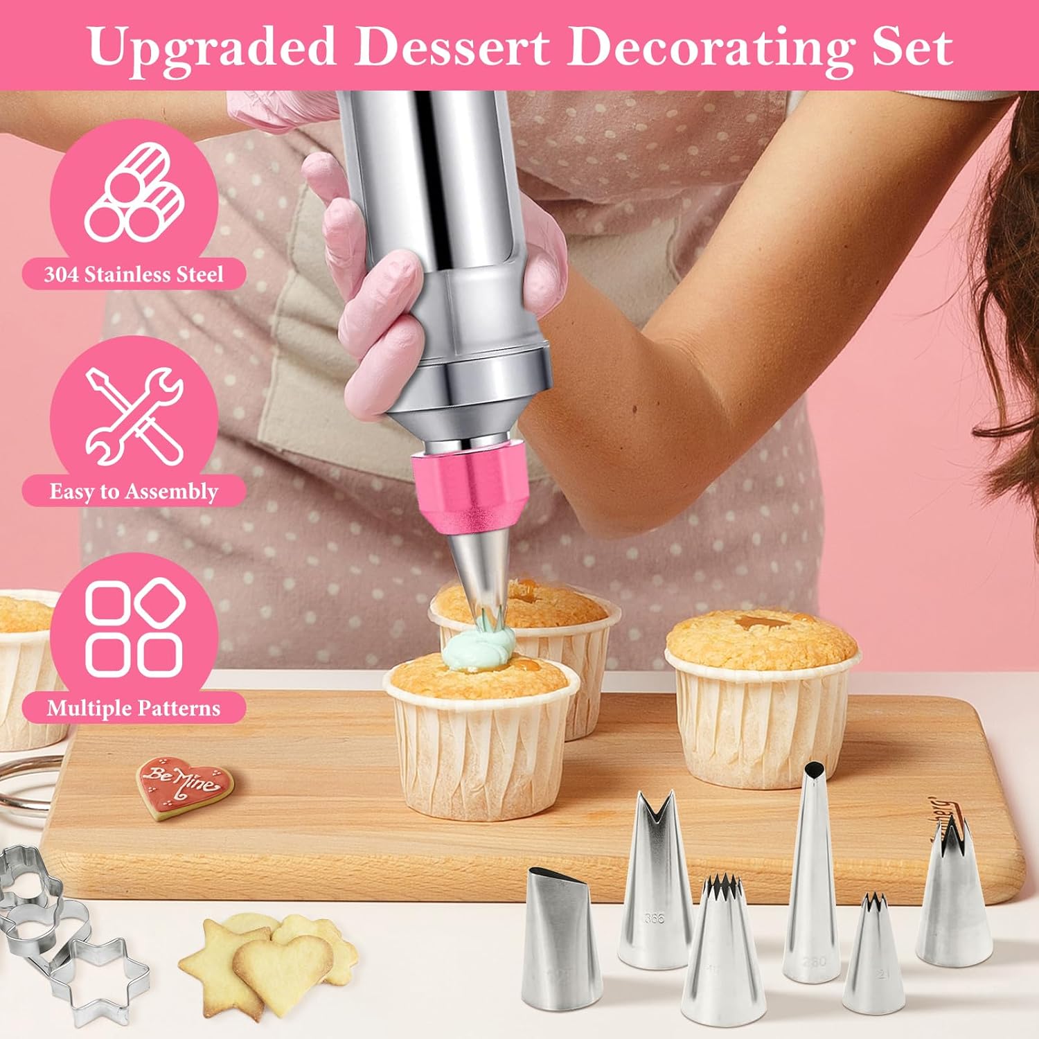 Dessert Decorating Syringe Set,Stainless Steels Cake Decorating Kit,Frosting Piping Kit,Cake Decorating Gun,Icing Piping Kit with 6 Piping Tips 9 Cupcakes 1 Brush & 12 Cookie Cutters