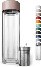 Glass Multi Tea Infuser Bottle 14oz - Double Wall Borosilicate Glass Flask | No Plastic Touches Contents | Perfect for Office or Home - Rose Pink