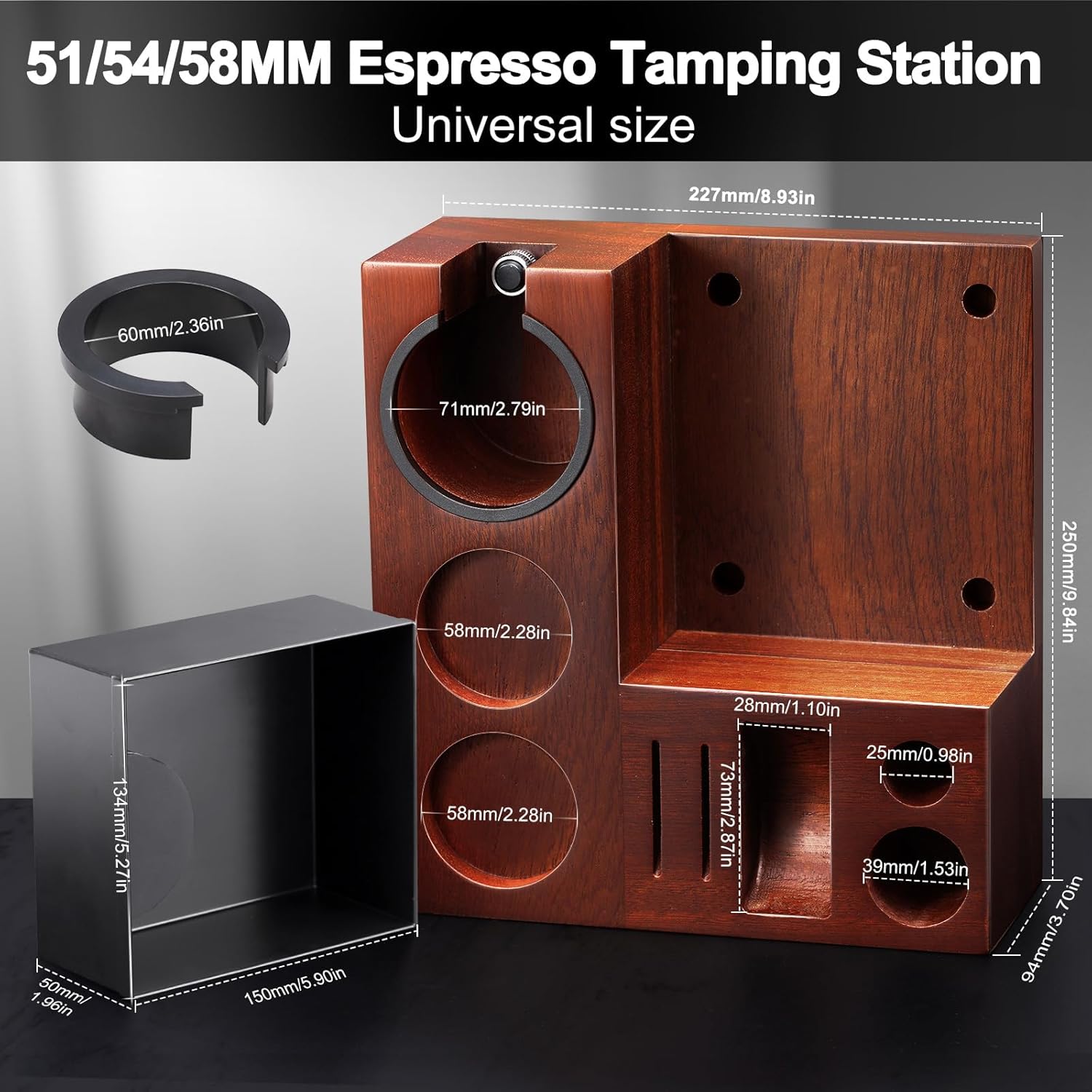 Espresso Knock Box, Walnut Tamping Station, 9 in 1 Coffee Organizer Box Fit for 51mm 54mm 58mm, Coffee Distributor & Portafilter, Espresso Accessories Kit