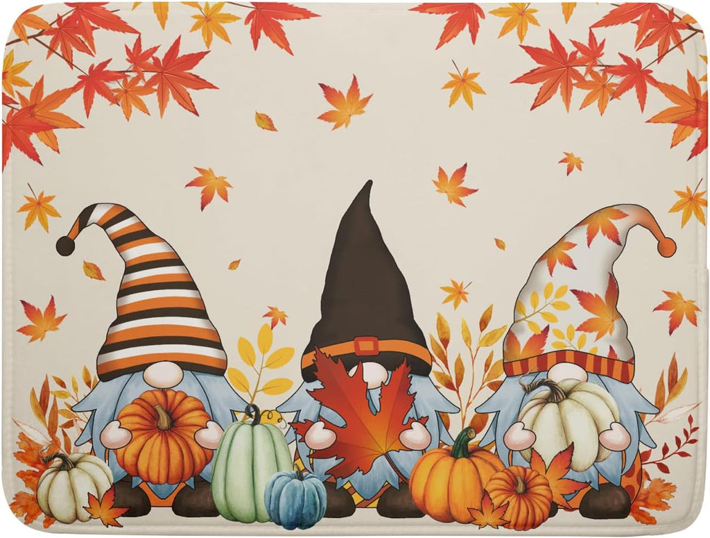 Fall Gnome Dish Drying Mat for Kitchen Counter Autumn Pumpkin Maple Leaves Dishes Pad Absorbent Fast Dry Dish Drainer Rack Mats 18x24 Inch Thanksgiving Day Drying Mats for Counter Accessories