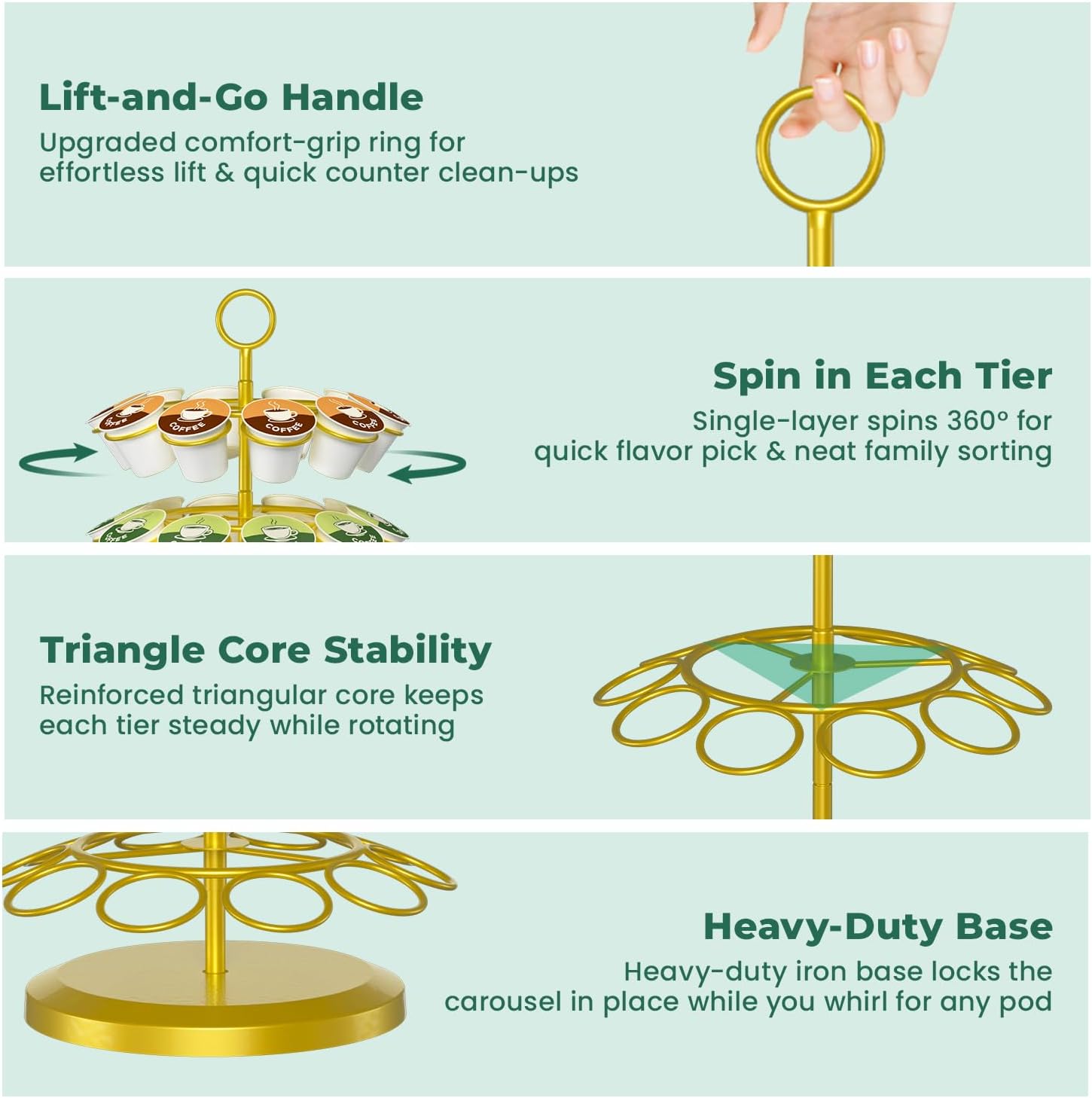 EsLuker.ly K Cup Holder Coffee Pod Organizer Carousel for Counter, Metal Storage Rack Stand for Kitchen, Rotatable 4 Tier Pod Tower Tree for 40 K Cups, Space Saving Meets Elegance, Gold