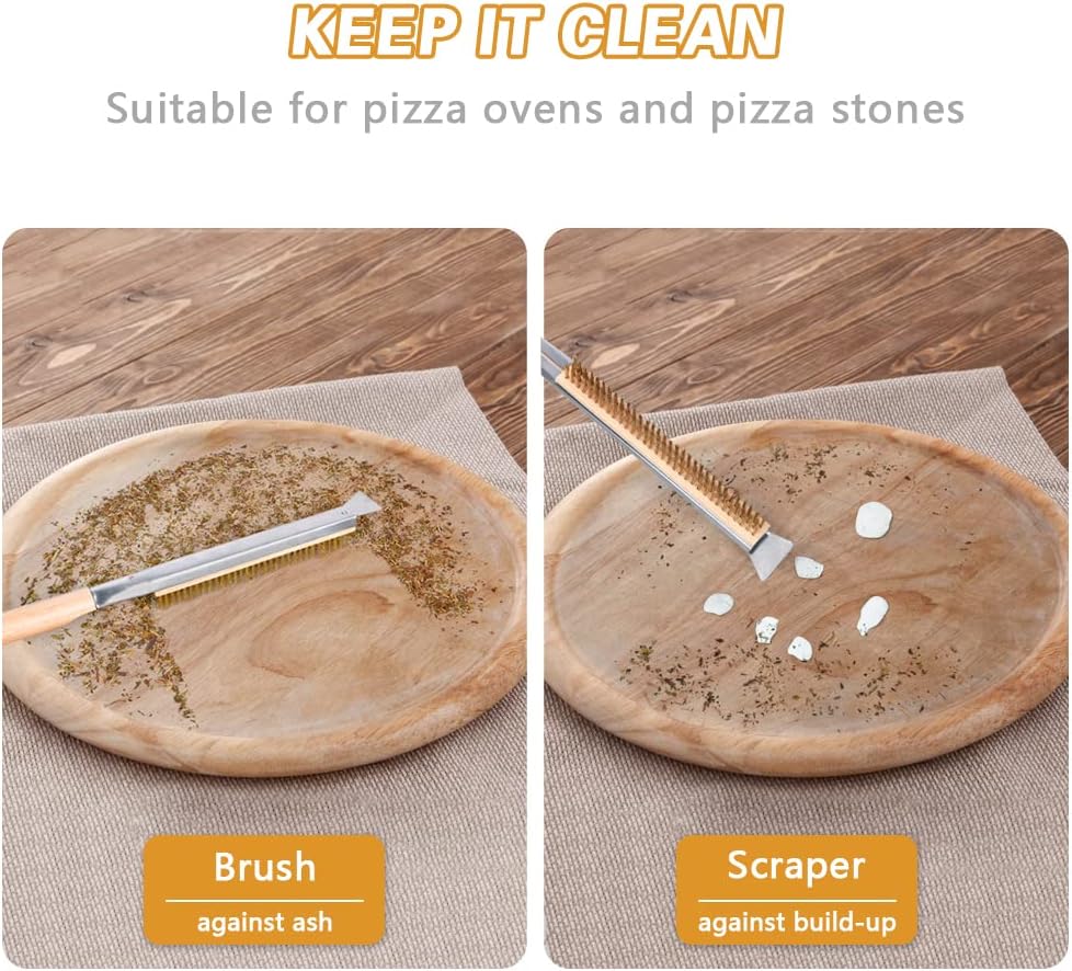 Pizza Oven Brush, 21" Brush and Stainless Steel Scraper for Pizza Stone, BBQ Grill Cleaning Brush Non Scratch Heat Proof Brass Bristles with Screwdriver, Outdoor Pizza Oven and Accessories