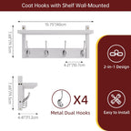 2 Pack Coat Rack Wall Mount, Bamboo Coat Hook with Storage Shelf, Coat Hanger with 8 Dual Hooks, Wall Floating Shelf for Entryway Hallway Kitchen, Bathroom, Bedroom (White+Slive)