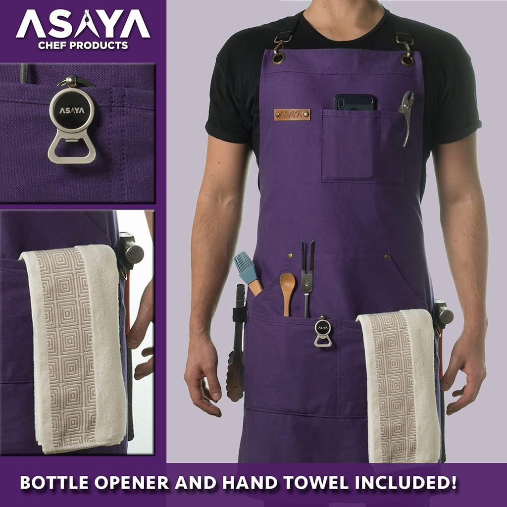 Asaya Chef and BBQ Apron with Bottle Opener and Hand Towel - 10oz Cotton Canvas, Stainless Steel Hardware - Cross Back Straps