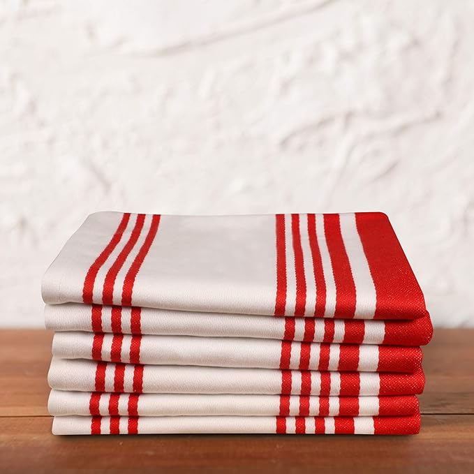 Urban Villa Kitchen Towels 100% Cotton Dish Towels for Kitchen (Set of 6) 20”x30” Dish Cloths Highly Absorbent Kitchen Linen Set with Hanging Loop Perfect for Drying Dishes Cleaning Towels-Red White