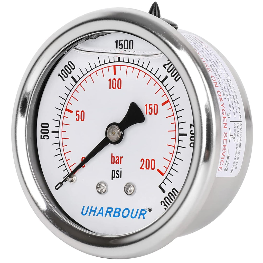Glycerin Filled Pressure Gauge 3000psi/200bar, Stainless Steel case, Brass Inside Construction, 2-1/2" dial, 1/4" NPT Back Connection.…